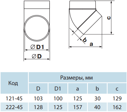 Колено 45° пластиковое для круглых воздуховодов - Размеры